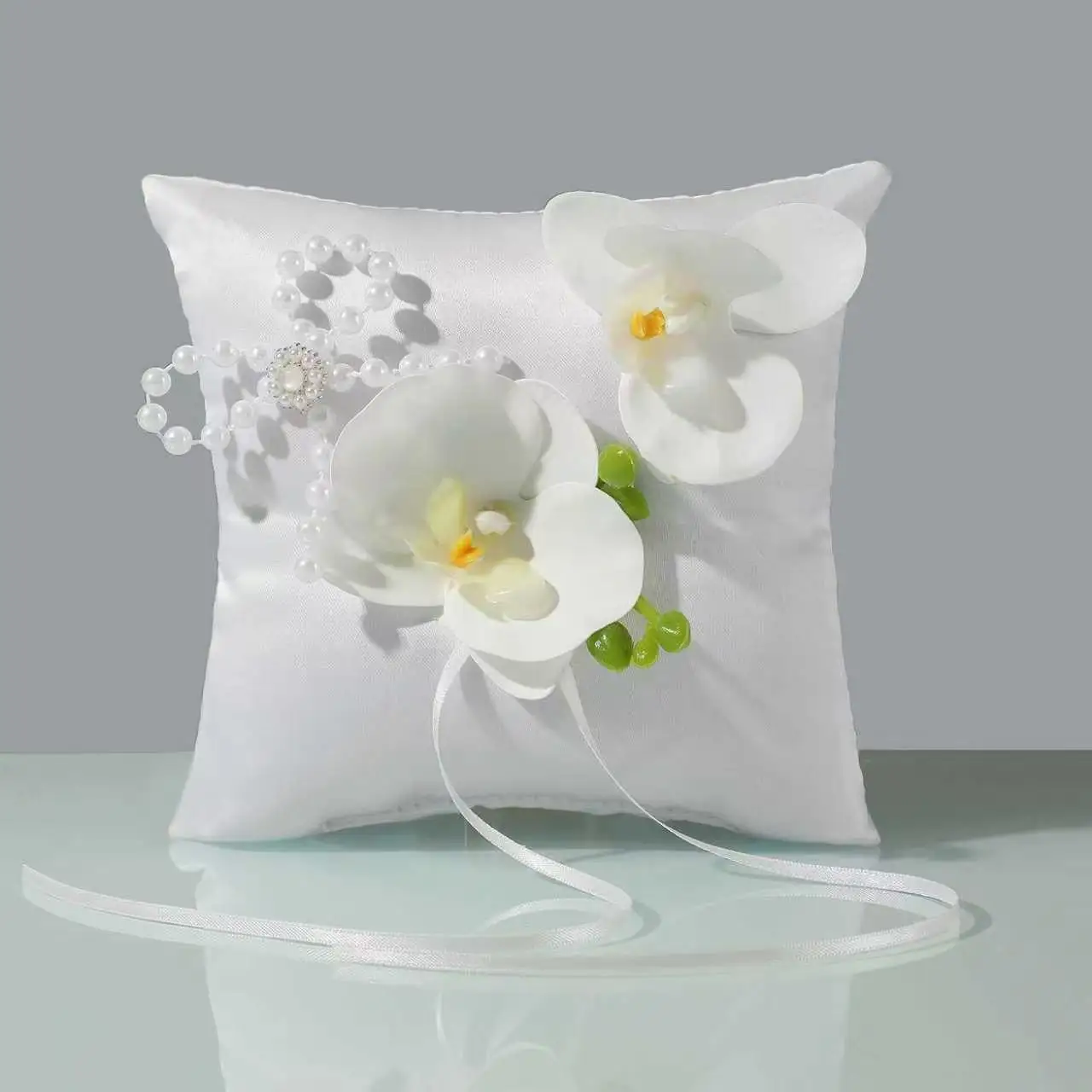 Elegant Bridal Ring Cushion, Square Satin Pillow Decorated with White Butterfly Orchids, Green Buds and Looped Pearl Bead Chain