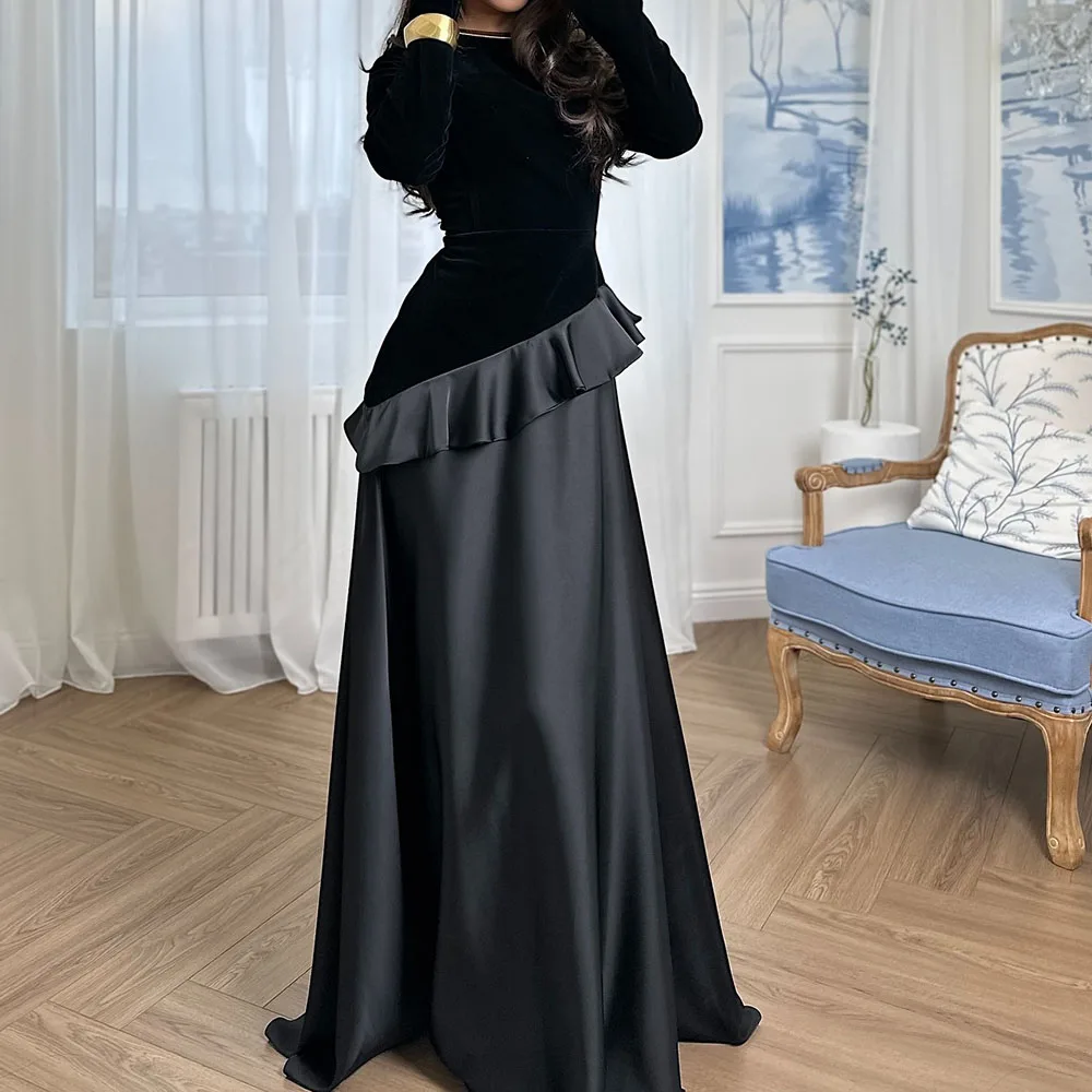 

Customized A-line Evening Dresses Floor-length O-neck Full Sleeve Prom Gown Simple Fashion Ruched Draped Casual Party Gown