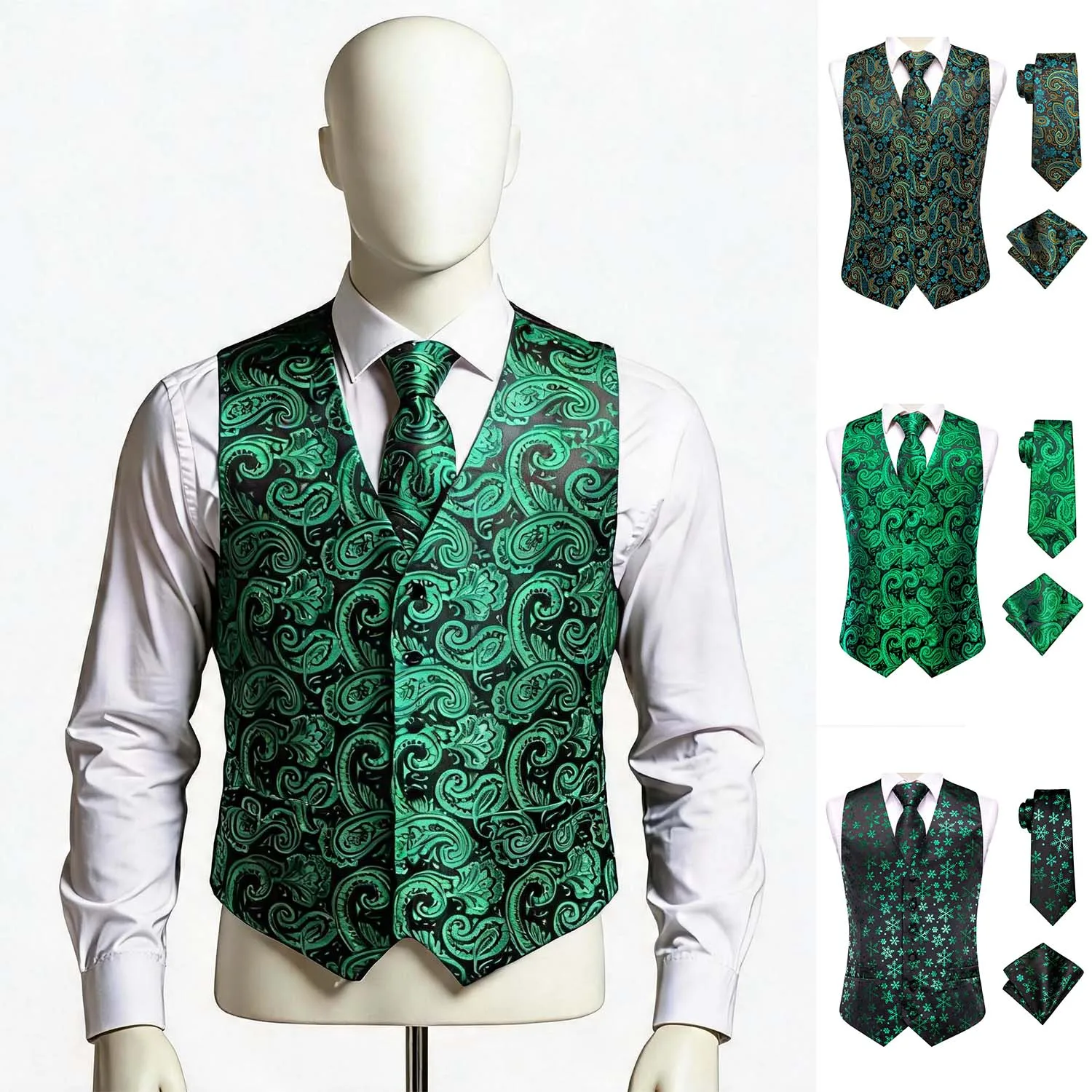 

Green Waistcoat 3 Piece Set, Men Formal Vest with Matching Tie & Pocket Square for Wedding Business