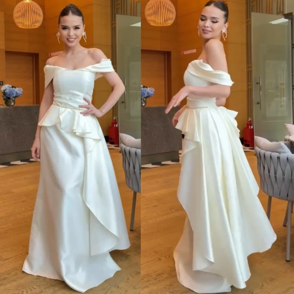 

Customized Fashion Exquisite Charmeuse Pleat A-line Off-the-shoulder Long Dresses Bespoke Occasion Matching