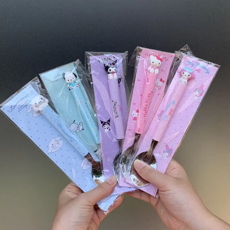 

New Kawaii Anime Kulomi Hello Kitty Spoon Fork Sanrio Cute cartoon Girl Heart portable stainless steel tableware Toys for Gifts