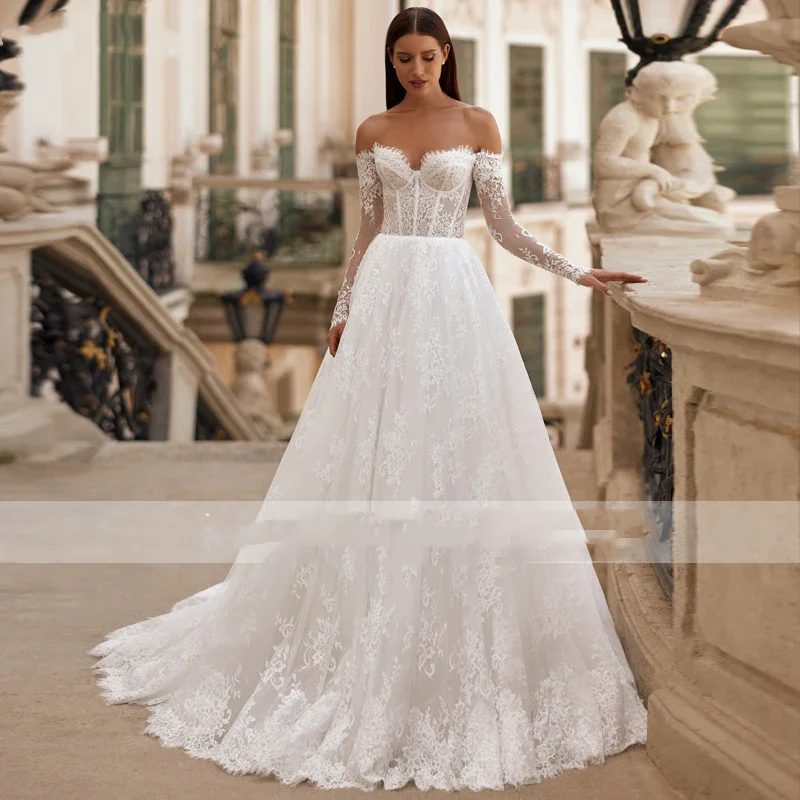 فساتين زفاف رومانسية ستة على شكل قلب بأكمام طويلة على شكل حرف a مزينة بالدانتيل سويب تراين فستان زفاف الأميرة حسب الطلب