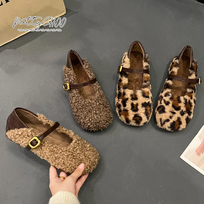 Moda leopardo pelliccia ballerine donna ricci Lambswool fibbia cinturino Mary Jane scarpe donna inverno caldo peluche mocassini poco profondi