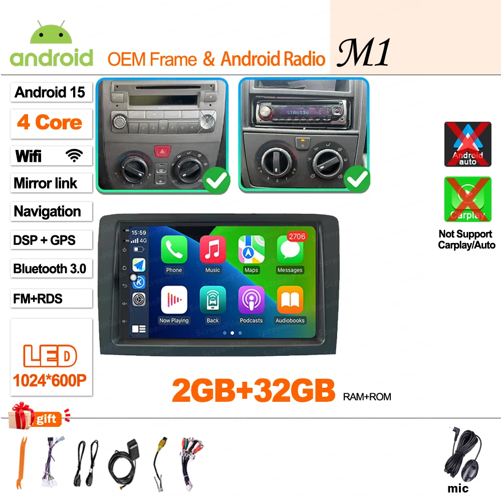 Android 16 Carplay Display Scherm GPS Navigatie Autoradio voor Fiat Idea Lancia Musa 2003 2004 2005 2006 2007 2008, geen 2din video.