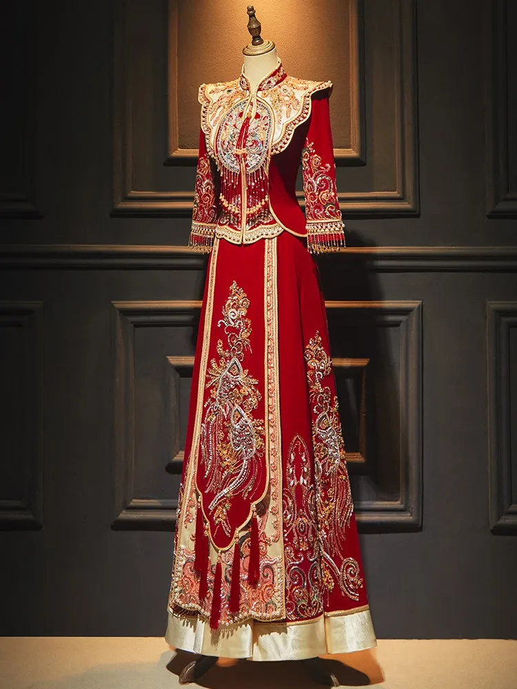 Luxurious velvet dress new Chinese-style wedding dragon and phoenix gown bride's toasting