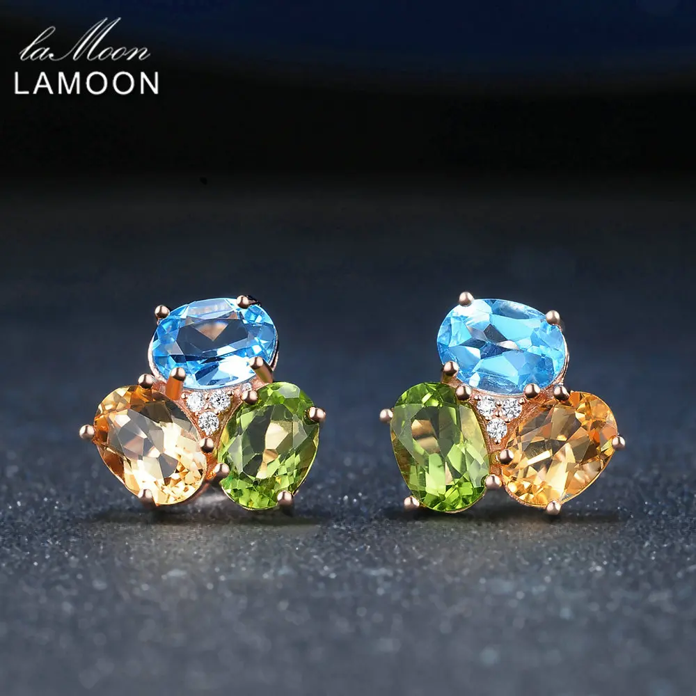 

LAMOON 925 Sterling Silver Earrings For Women Gemstone Earring Citrine Peridot Topaz 18K Rose Gold Fine Jewelry S925 LMEI037