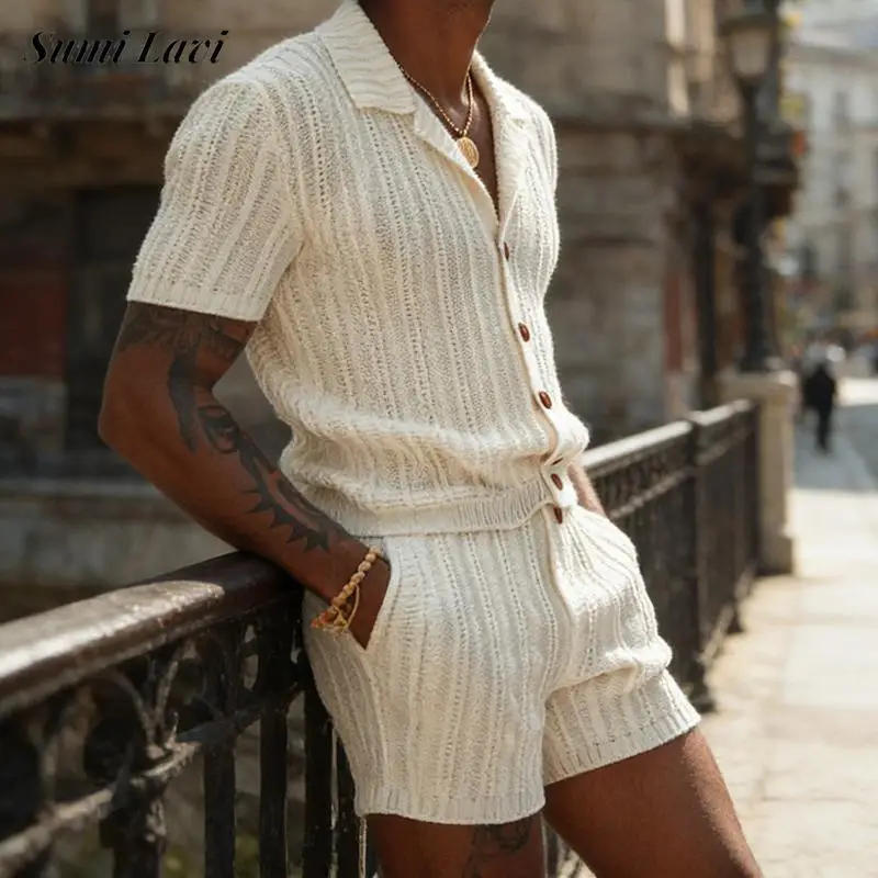 

2026 Spring Summer Casual Mens Two Piece Suits Knitted Short Sleeve Lapel Shirt And Shorts Sets Men Slim Fit See Through Outfits