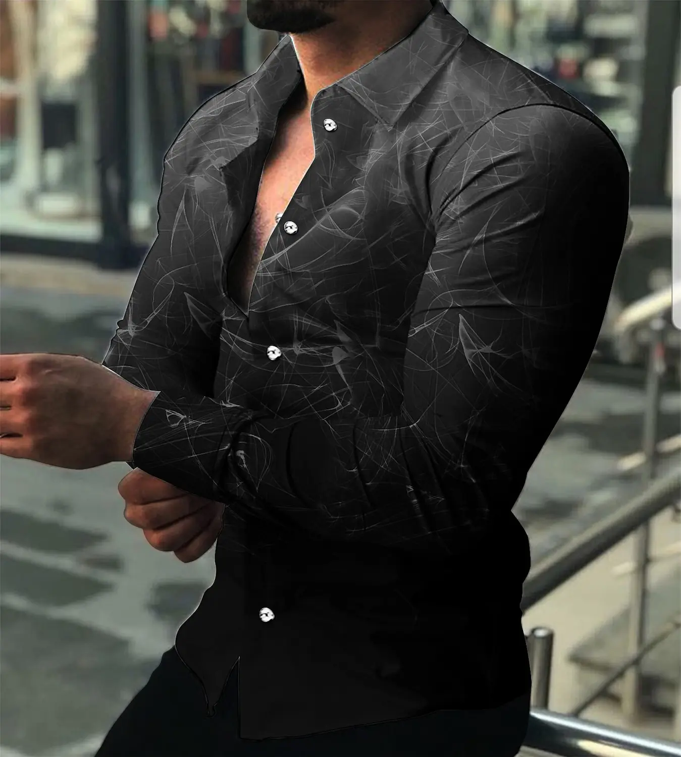 Camisa de manga larga para hombre, chaqueta ajustada con solapa y botones, a la moda, con estampado 3D de Streamer, para fiesta de graduación,