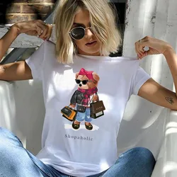 Shopaholic Bear śmieszne słodkie Top koszulki czarne damskie koszulki estetyka graficzny biały z krótkim rękawem poliester damski T-shirt