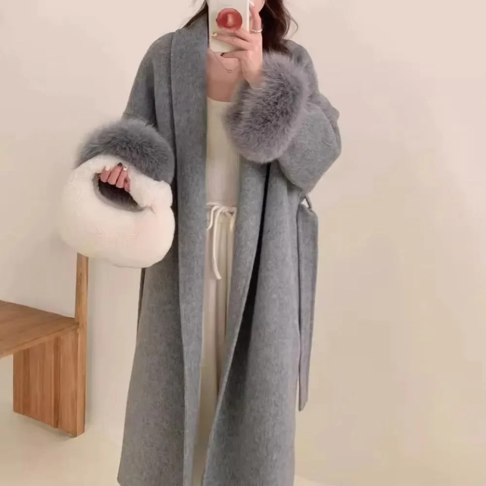Abrigo largo de lana con puños de piel de zorro para mujer, chaqueta de piel de zorro auténtica, albornoz femenino, abrigo de Cachemira de doble cara, otoño e invierno, 2024