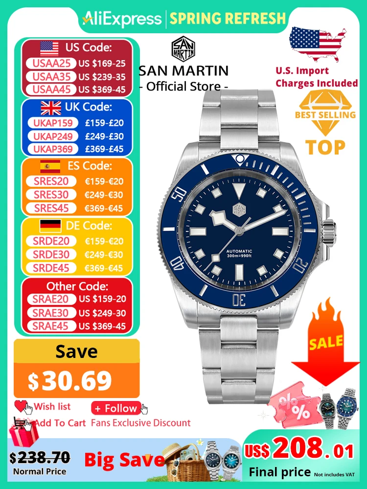 

San Martin 40mm Stainless Steel Classic Men Diver Watch Japan NH35 Automatic Mechanical Sapphire Waterproof 300m SN0111