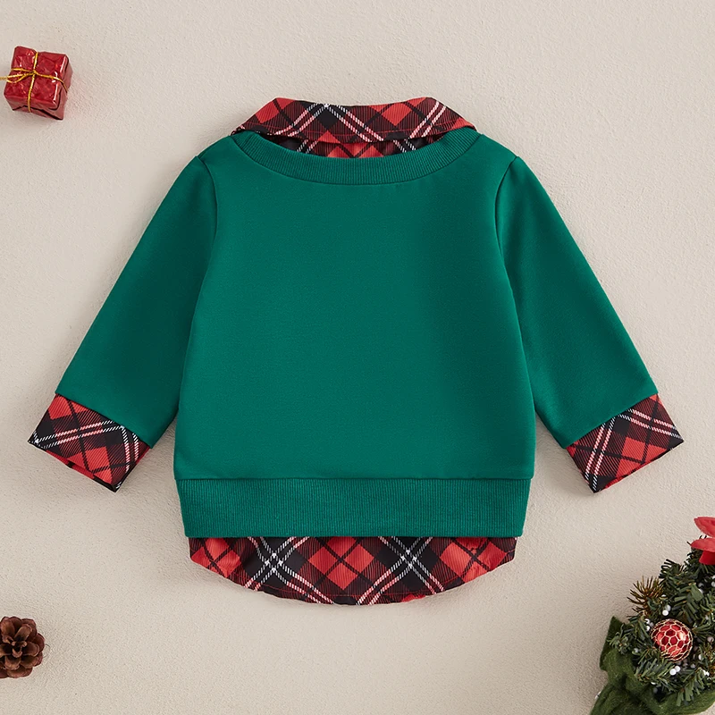 Toddler Boys Christmas Sweatshirt Plaid Santa/Reindeer Long Sleeve Lapel Neck Casual Two Fake Piece Pullover Tops