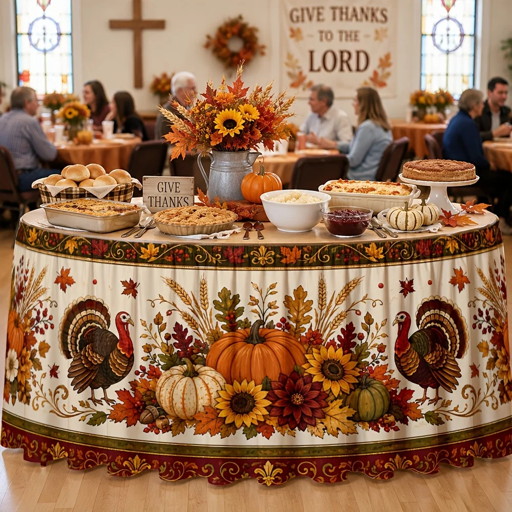 Send a set of tablecloth and table runner (1 piece) - Thanksgiving tablecloth - Polyester - Autumn harvest - Turkey - Pumpkinzyc