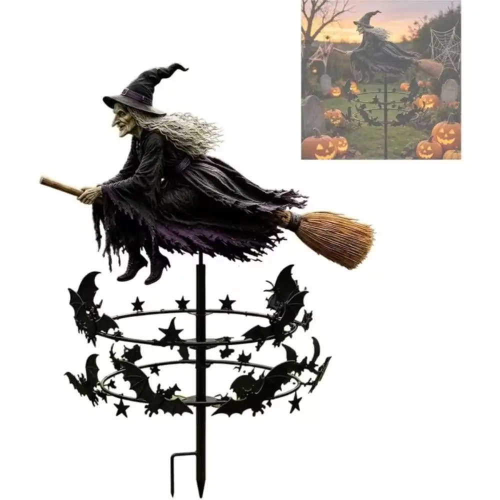 Witch and Bat Pattern Halloween Witch Garden Windmill Halloween Yard Art Outdoor Decor Metal Halloween Windmill Garden Pole