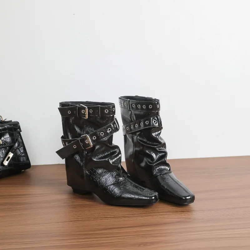 2026Womens Boots Temperament Small Square Head Trouser Tube Leather Boots Fashion Rivete Belt Buckle Knight Boots Botas Feminina