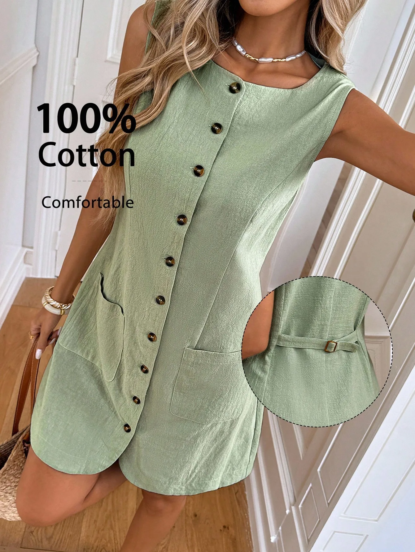 

Women's Sage Green Cotton Button-Front Mini Dress with Pockets