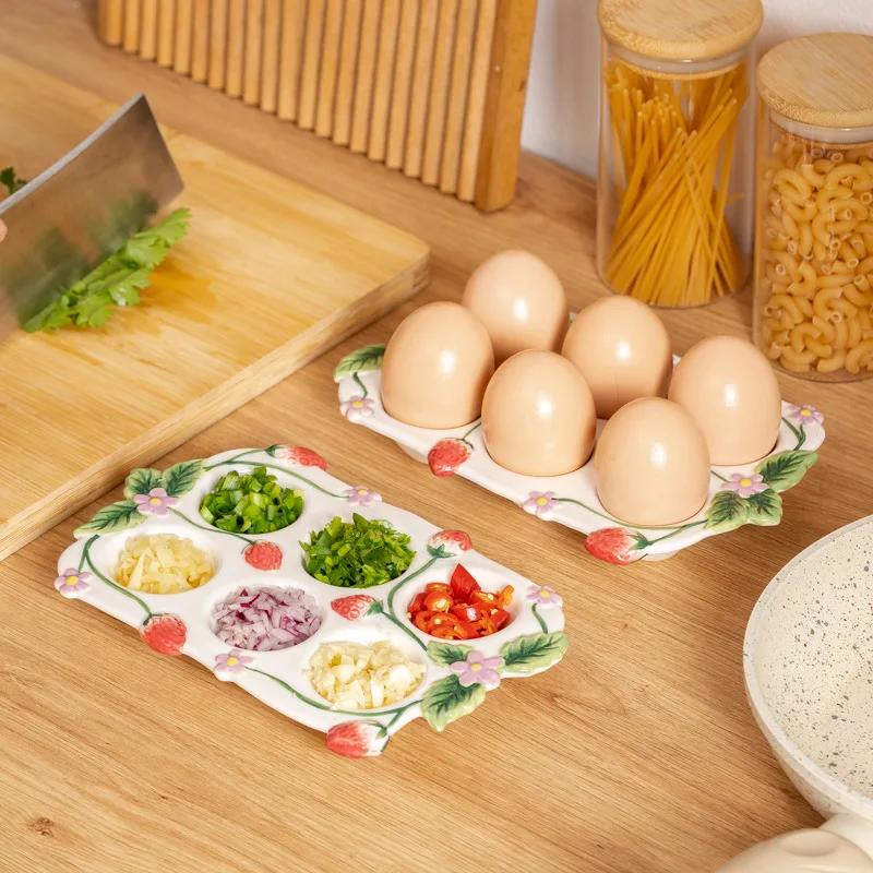 Flora Ceramic 6 Cups Egg Tray Egg Holder Container Decorative Serving Dish Plate for Refrigerator Fridge Countertop Display