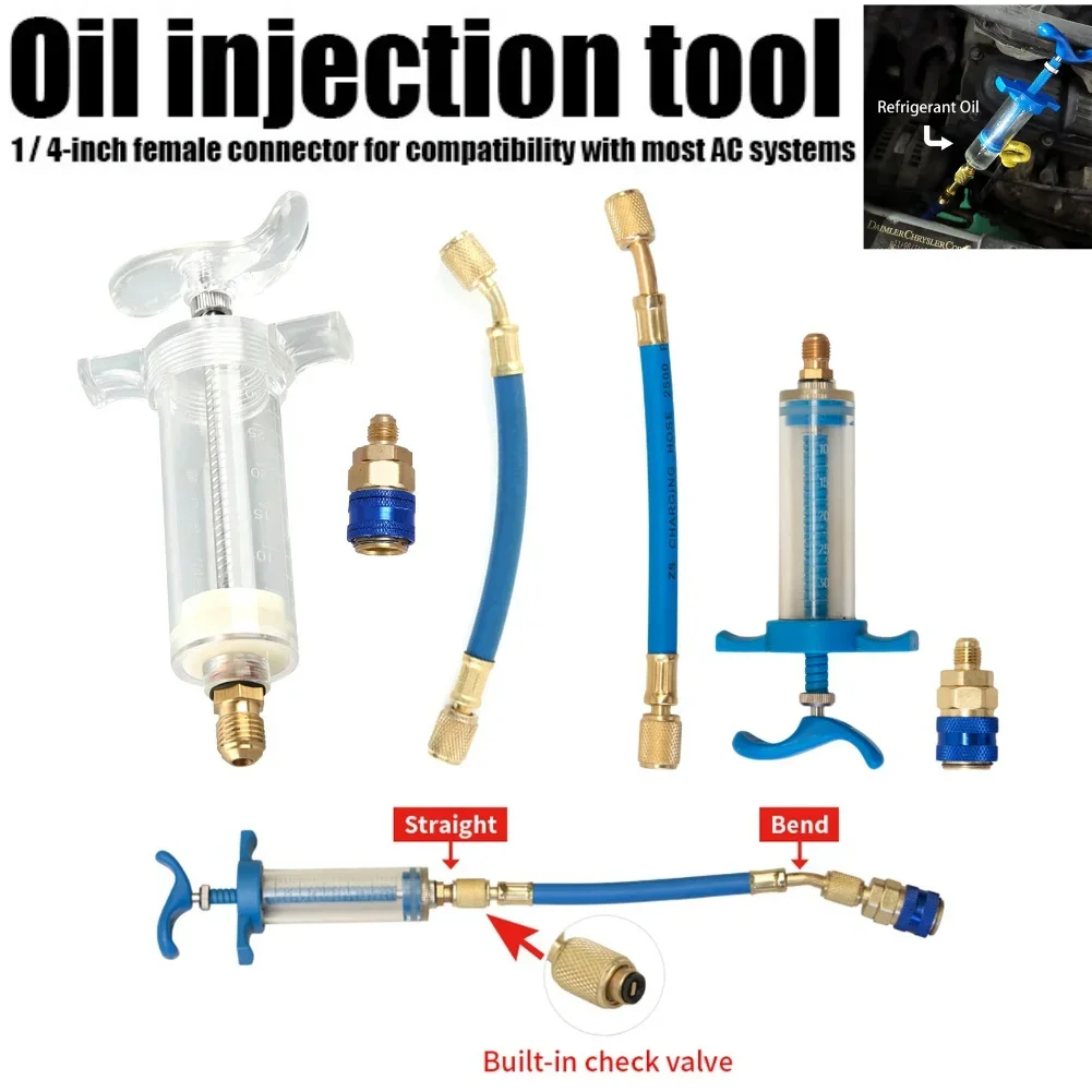 Car A/C Oil/Dye Injection 30Ml 1Oz With R-134A Low Side Quick Coupler Adapter 1/4  Air Conditioning Auto Manual Oiler Syringe