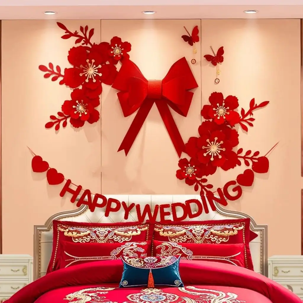 

Chinese wedding room decor living room Xizi sofa entrance wedding room decor bow Xizi decoration flowers