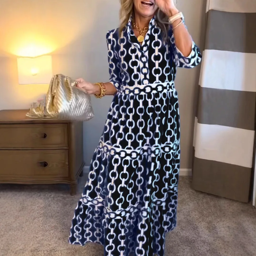 

2025 Popular Spring and Summer Geometric Printing Crew Neck Long Dress Dress Europe and America