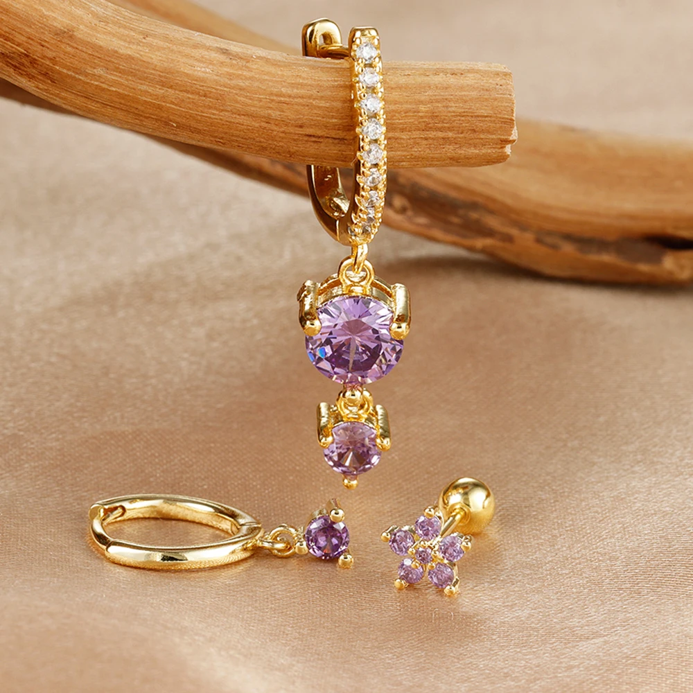 

3PCS Exquisite Purple Zircon Crystal Hanging Earrings Set for Women Fashion Geometric Pendant Dangle Earrings Piercing Jewelry
