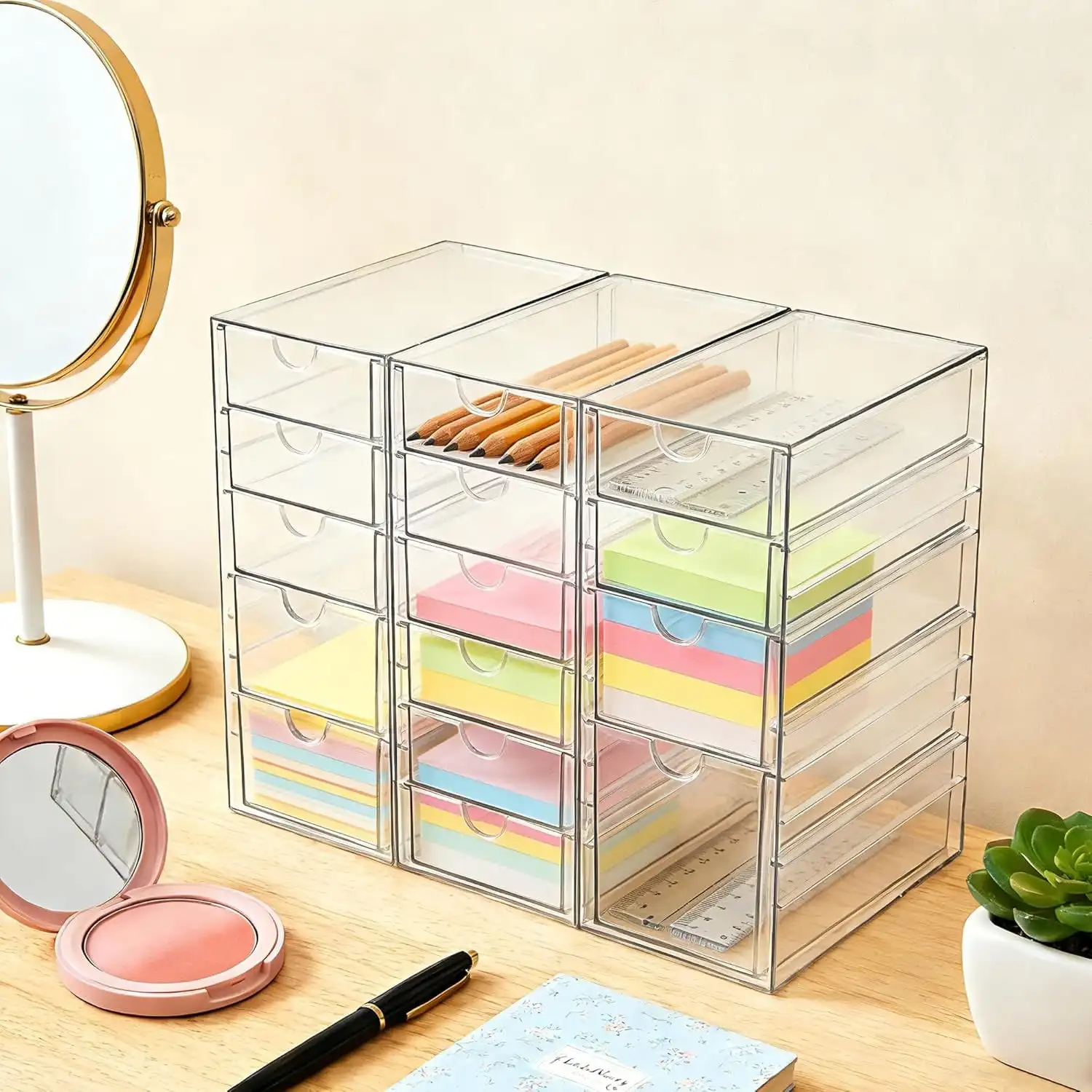 16 Drawers Acrylic Makeup Organizer, 4 Set Clear Desk Storage Drawers, Dustproof Desktop Organizer for Office Supplies, Jewelry, Pens & Cosmetics, Countertop