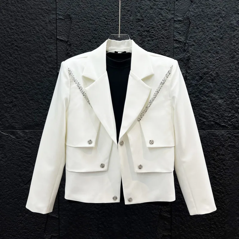 WVGA Spring Autumn New Men Heavy-duty Design Sequin Embellishments Short Blazer Niche Deconstructed Layered Style Jackets W25931