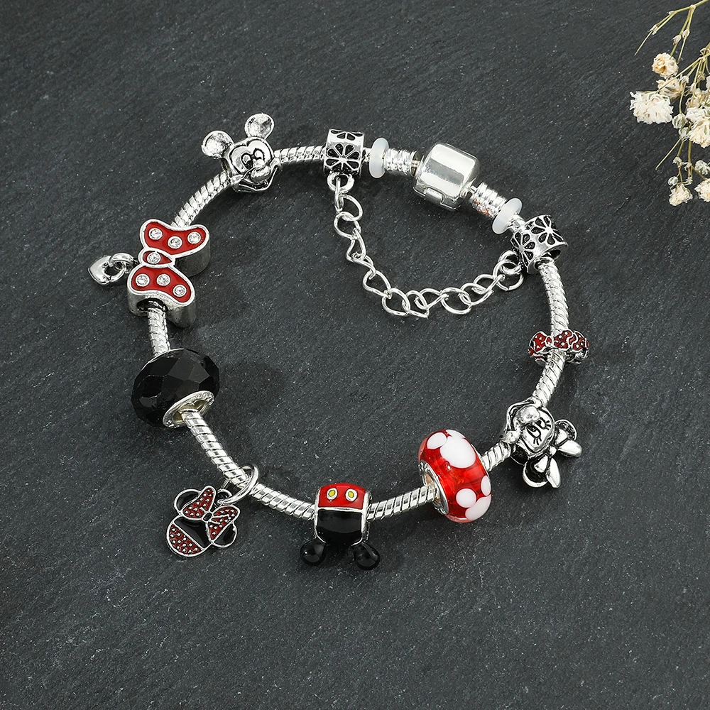 Cartoon Cute Bracelet Jewelry Minnie Mickey Mouse Bracelet Woman Metal DIY Crystal Beads Brand Designer Pulsera for Womem