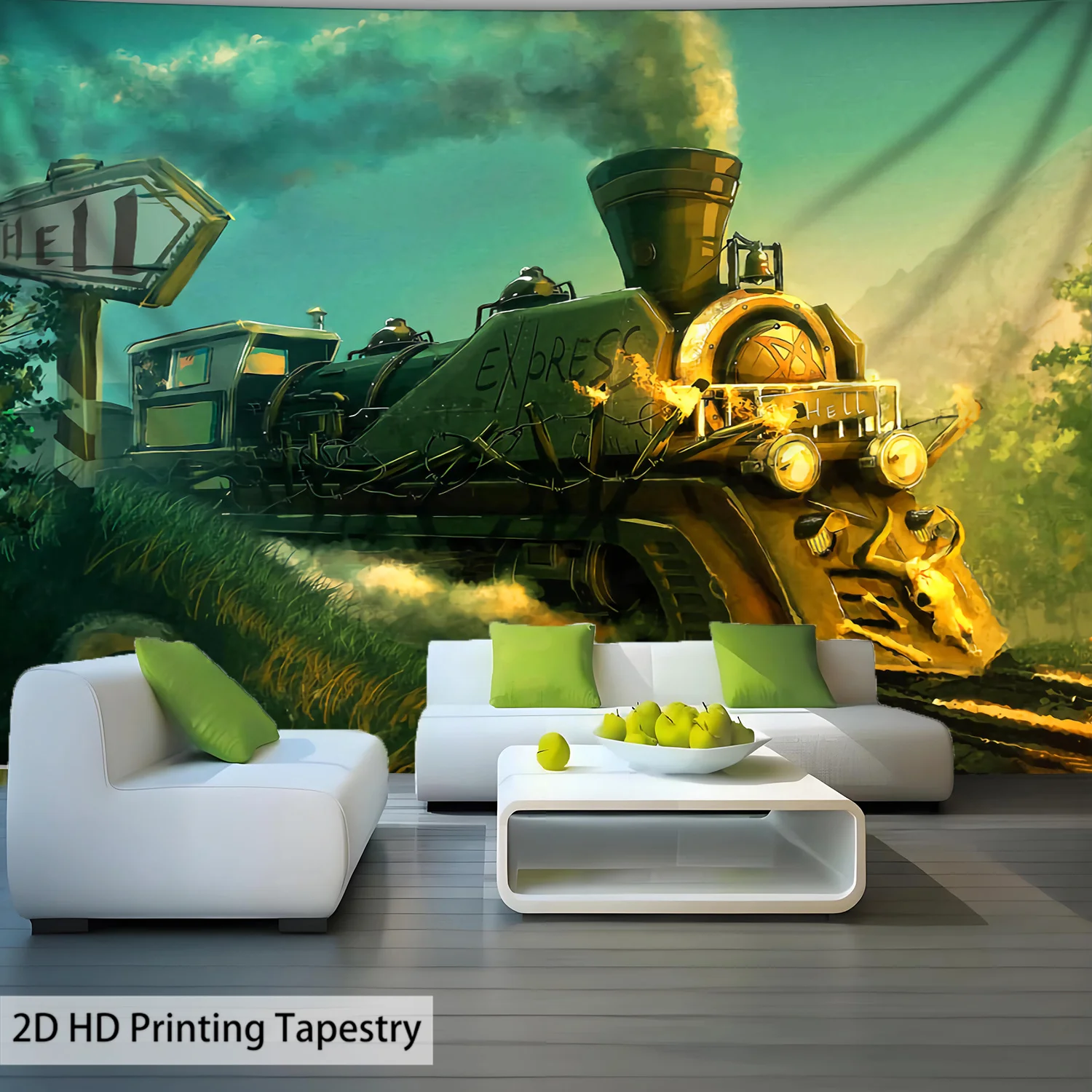 Hell Express Steam Train Tapestry Fantasy Art Dark Railroad Decor Gothic Wall Hanging Horror Theme Living Room Print