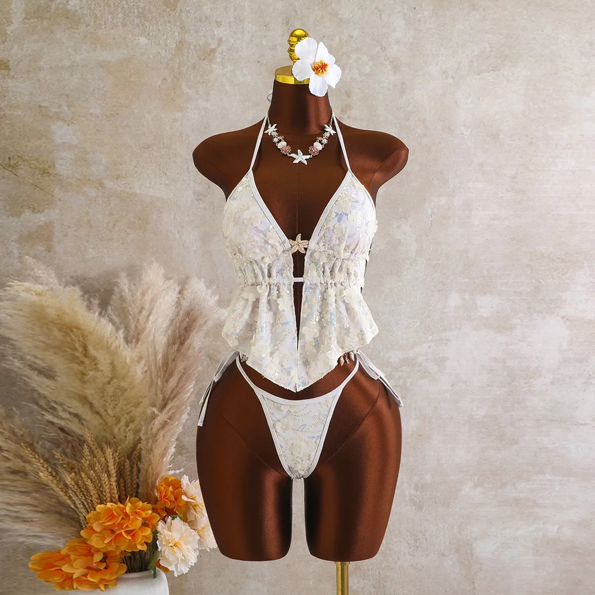 

Swimwear 2026 Bikini Women's Mint Green Halter Neck Bikinis Tie Side Sequin Two Piece Swimsuit White Deep V Swim Bikini Sets