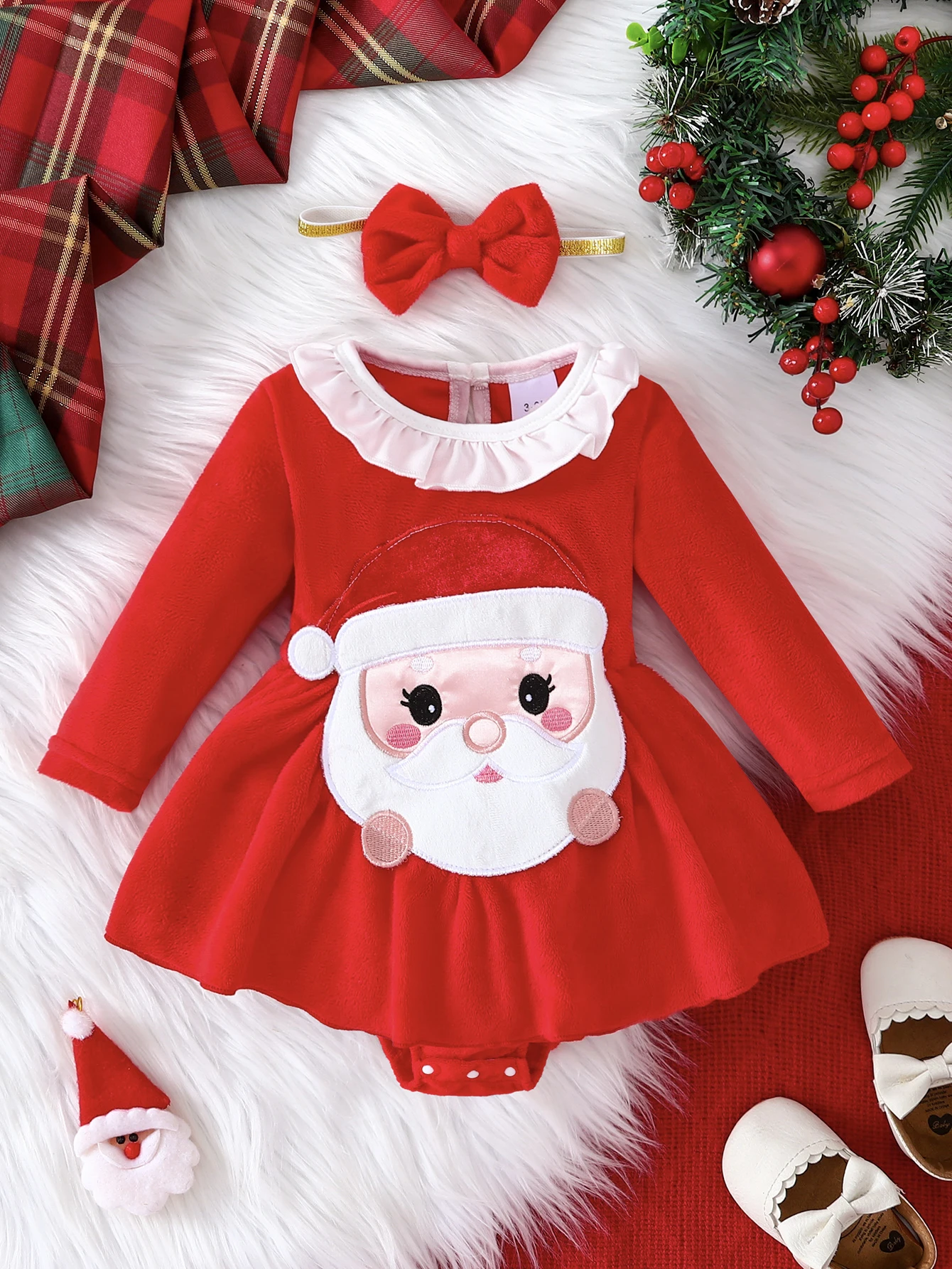 Winter Headband Fleece - 2-delige kerstfleecejurkset voor babymeisjes, romper met