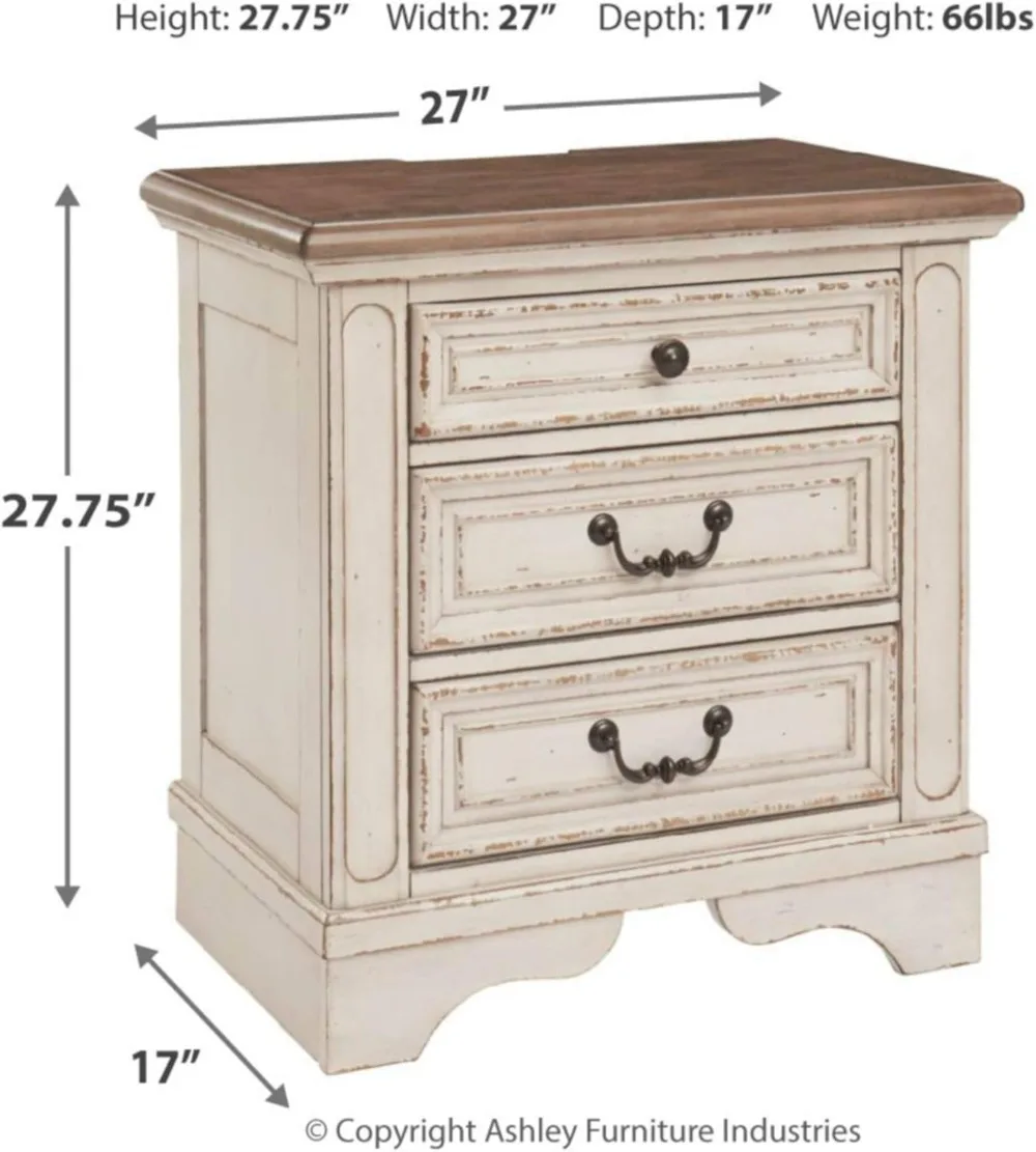 Realyn French Country 3 Drawer Nightstand with Electrical Outlets & USB Ports, 27.75" Tall, Chipped White
