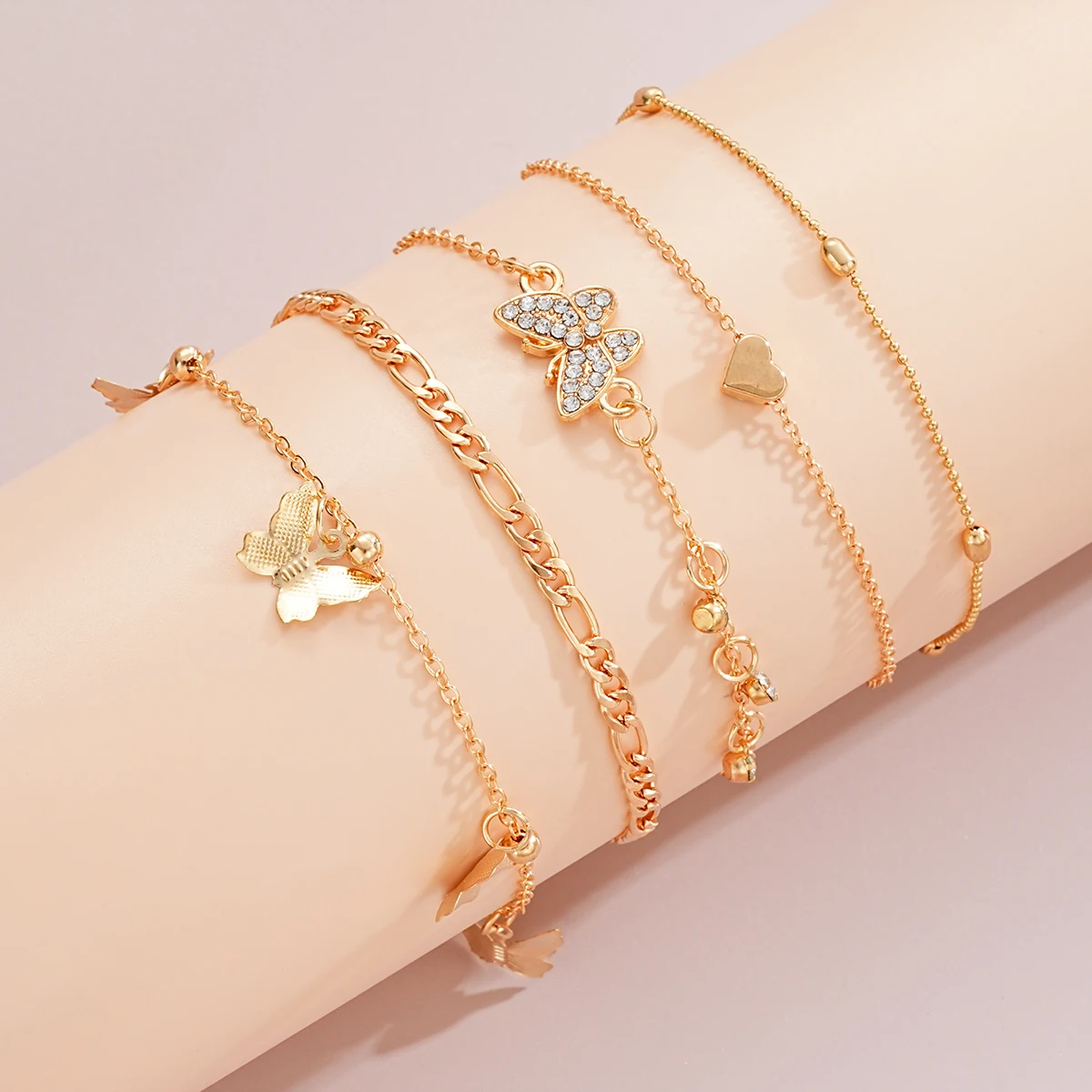 طقم خلخال فراشة عتيق ذهبي اللون للنساء ، سوار بوهيمي متعدد الطبقات ، خلخال من الزركون ، قدم الساق ، مجوهرات الشاطئ ، 5-