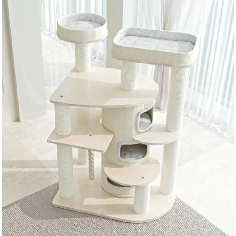 Hot Selling Modern Sports White Cat Climbing Frame Nest Cat Tree Luxury Large Wooden Villa Warm Sisal Barrel Castle Integration