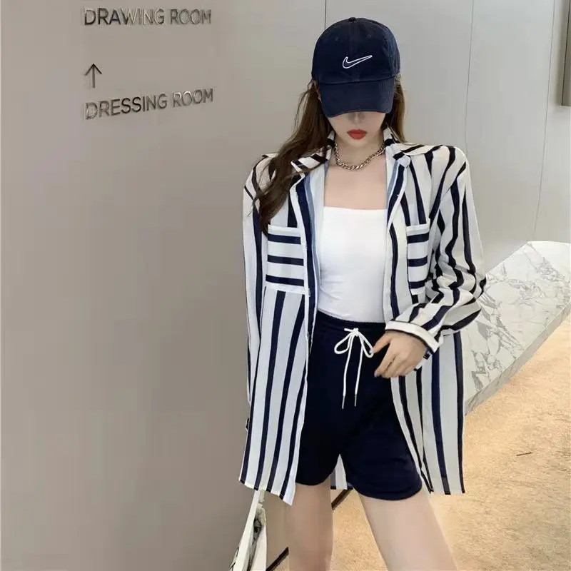 Summer Woman Clothes Ins Chic Youth Lively Korean Fashion Style Sunscreen Shirt Striped Preppy Style Turn-down Collar Casual