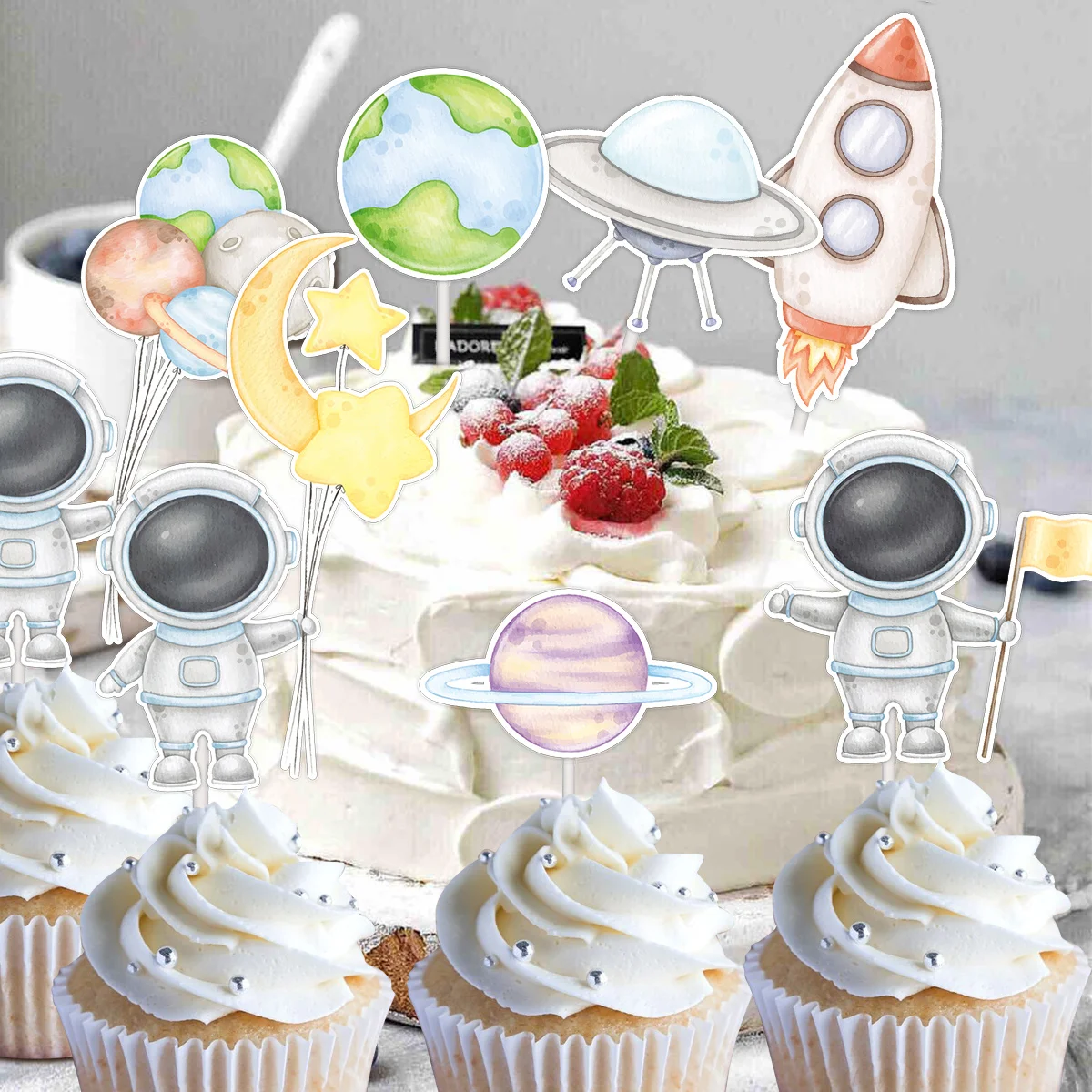 16pcs Carton Plane Rocket Cake Toppers Astronaut Planet Cupcake Topper for For Outer Space Birthday Party Decoration DIY Gifts