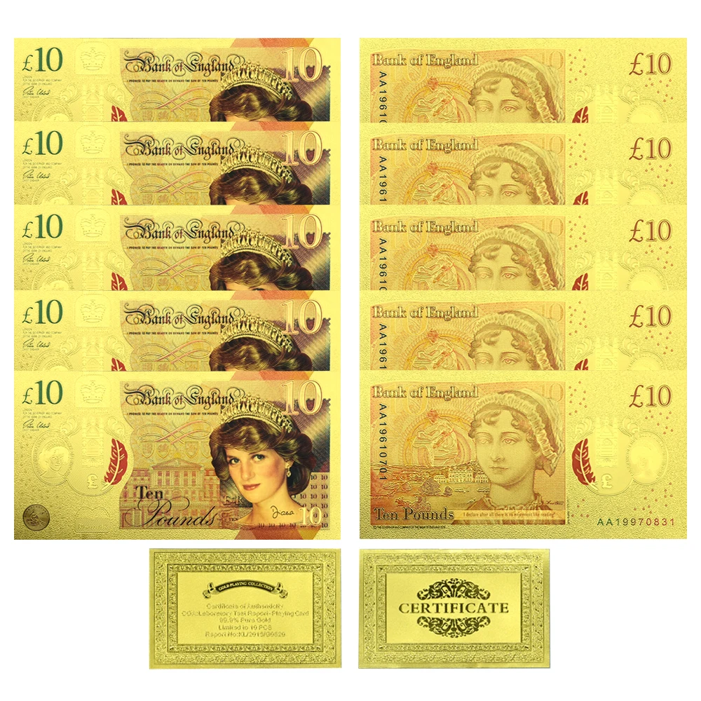 10pcs/lot Queen Elizabeth II Dollar 5/10 Gold Foil Banknote Home Decor Card Diana Memorial Banknote Collection of Festive Gifts