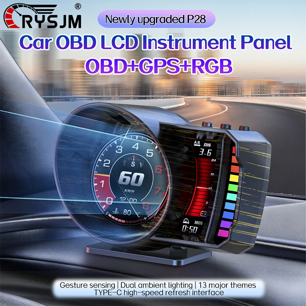 P28 New OBD + GPS HUD Car Multilingual Digital Head Up Display Speed Voltage Fuel Consumption Water Temp Slope Meter With Alarm