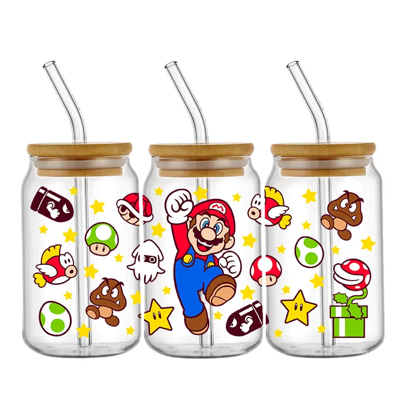 Bonito Mario UV DTF Cup Wrap Transfer Sticker, Impermeável Transfere Decalques para 16OZ Vidro De Café, DIY Wrap Adesivos