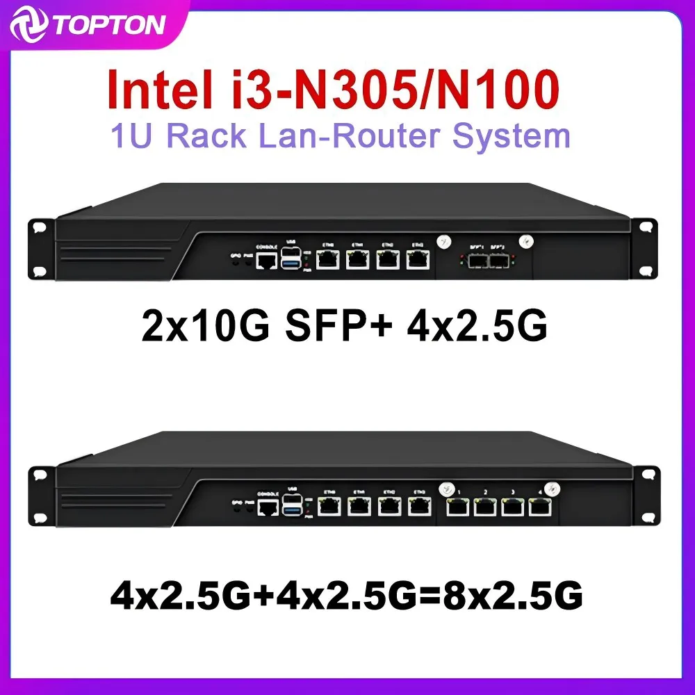 Topton 1U Rack Firewall 2x10G SFP+ 4/8x i226-V 2.5G Intel i3-N305 N100 Mini PC DDR5 mSATA VPN-Router Network System Appliance