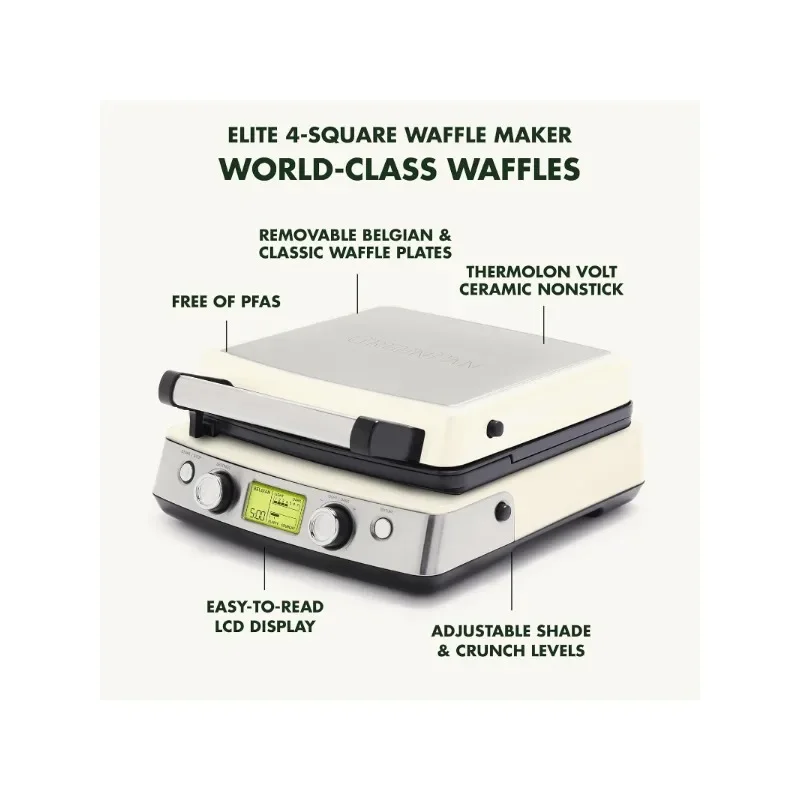 Elite 4-Square belga e classico Waffle Iron, piatti lavabili in lavastoviglie in alluminio antiaderente in ceramica sana, paralume regolabile