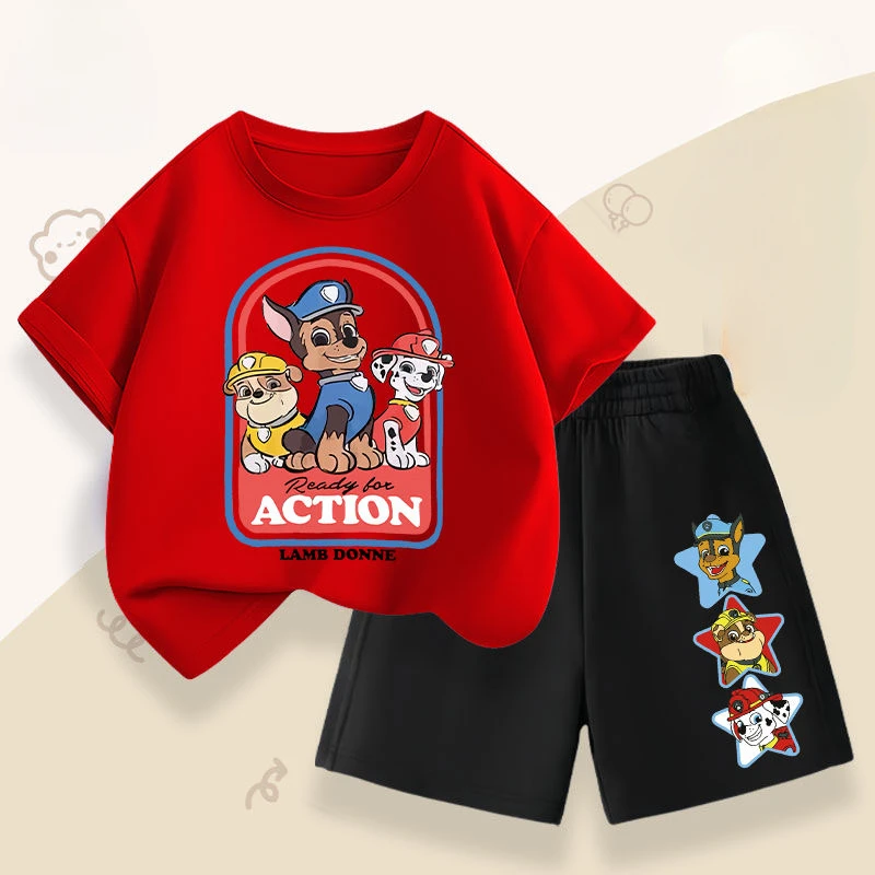 PAW Patrol Summer New Style  Boys' Short Sleeved T-shirt Shorts Two-piece Set Children's Breathable Casual Outfits Kids Top