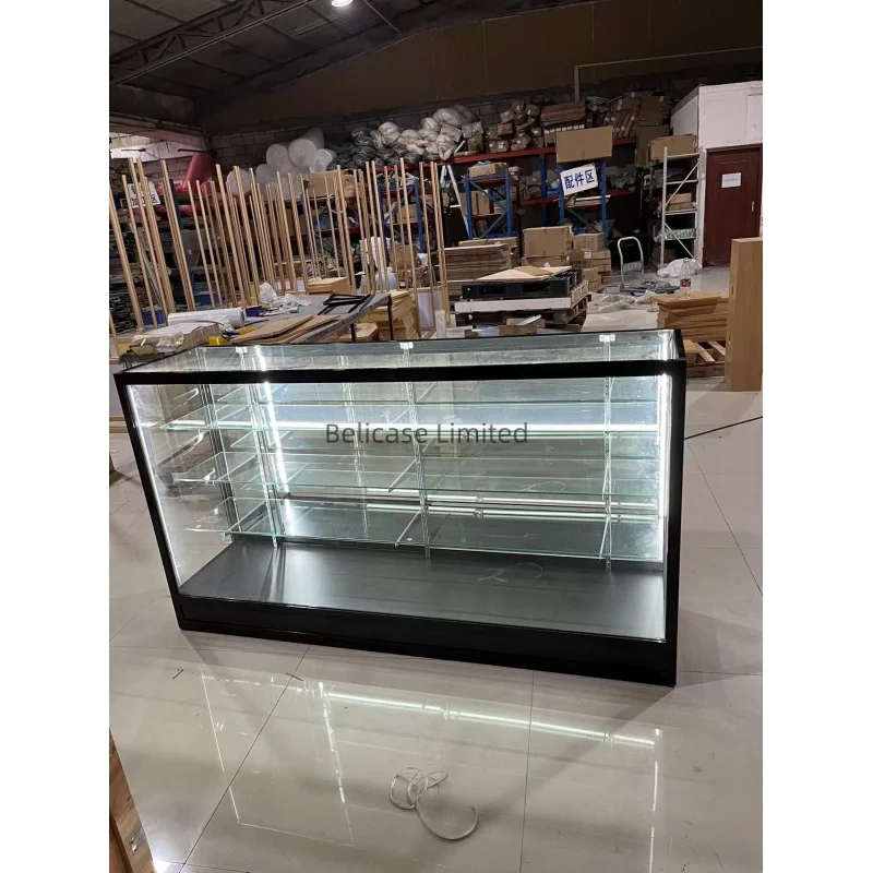 custom，6ft Retail Store Display Showcase Full Glass Cabinets With Led Lights Lockable Convenience Store Glass Counter