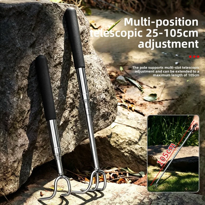 Retractable Stainless Steel Multi-Use Mushroom Rake for Foraging, 2/3 Tine Small Garden Hand Rake with Detachable Head for Ou