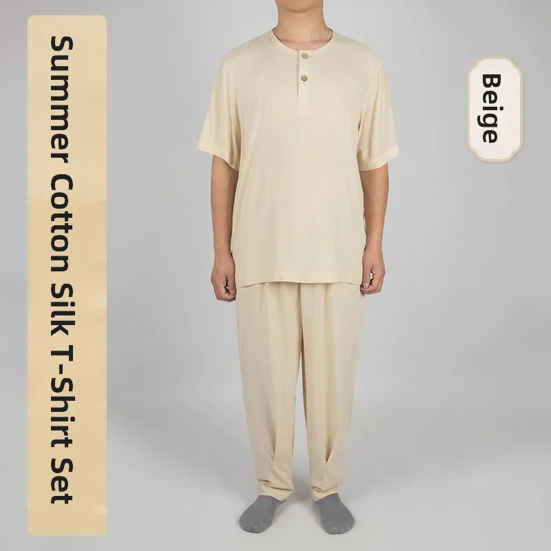 

Casual Cotton Silk Short Sleeve T-Shirt Summer Home Clothes Thin Model for Men And Women Monastic Robes Sleepwear Leisure Wear