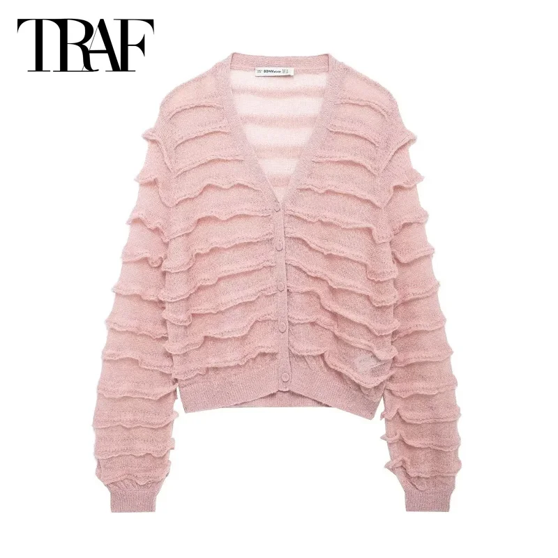 TRAF Pink Knitted Cardigans 2024 Women's Autumn Ruffled Transparent Cropped Sweater Outerwear Elegant Casual Short Knitwear