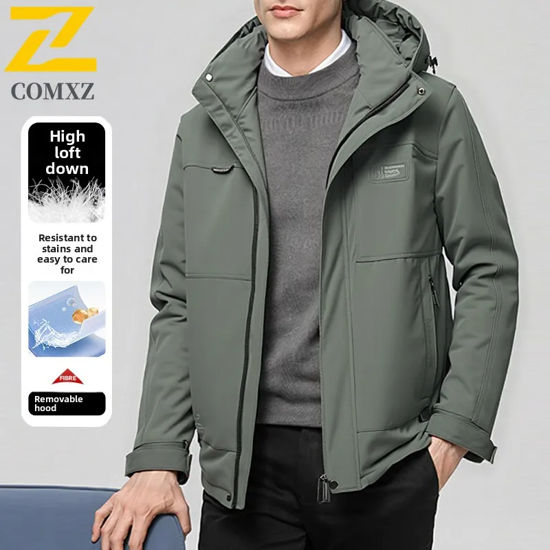 COMXZ 2025 Winter Down Jacket Mens High-end Luxury Lightweight White Duck Down Warm Parka Cleanfit Waterproof Hooded Puffer Coat