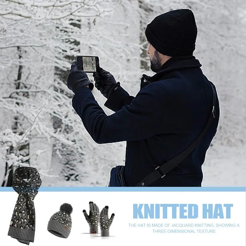 Conjunto de gorro cálido con estampado de leopardo para mujer, conjunto de guantes, bufanda gruesa, bufandas
