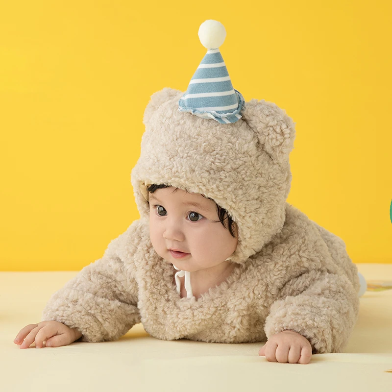 Baby Photography Clothes Plush Bear Hat Jumpsuit Set 3-5 Month Baby Outfit Birthday Cake Theme Photo Props Studio Accessories