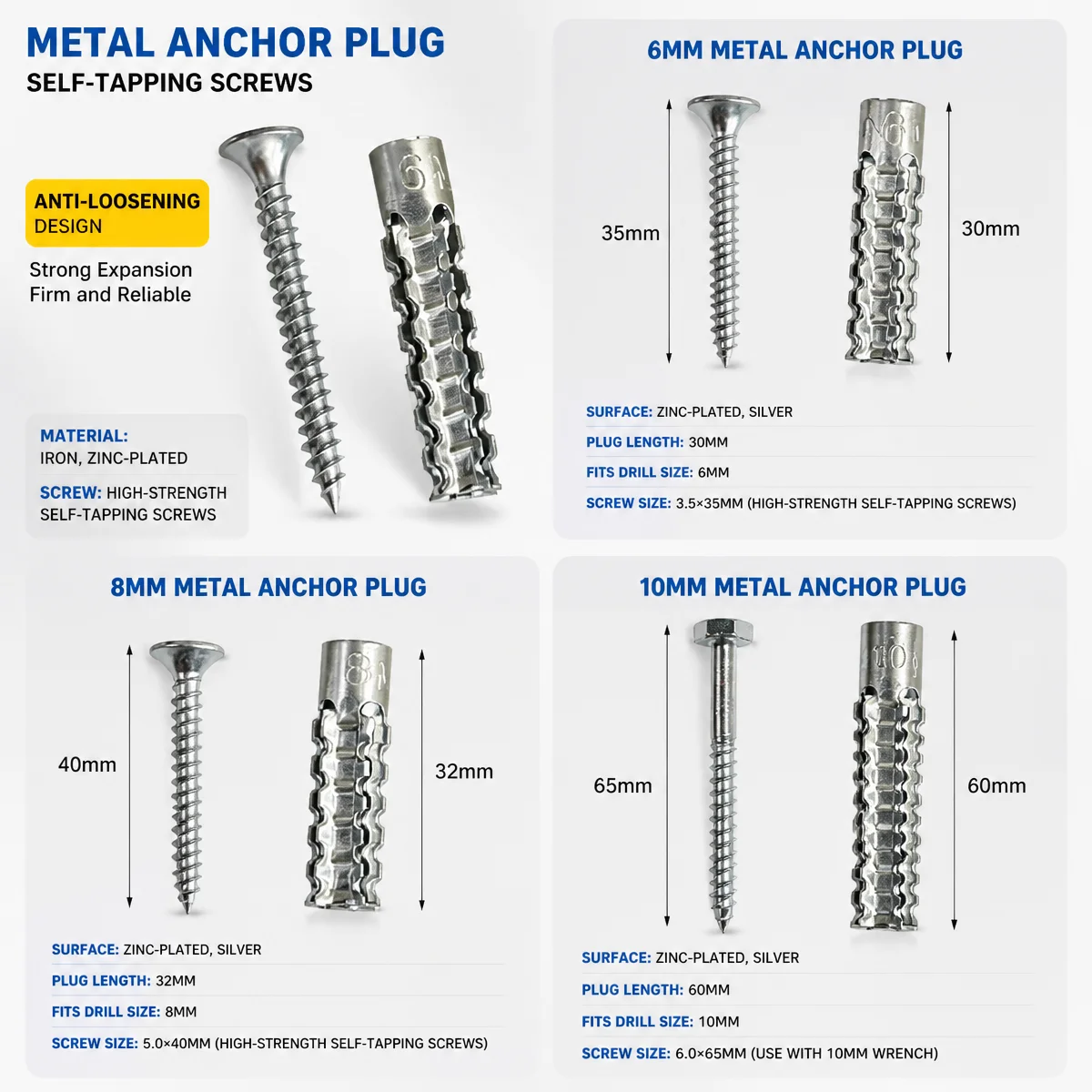 10/500 Set Expansion Pipe with Screw Self Tapping Screw Drilling Plug Expansion Bolt Tools for Hollow Walls Tile Drywall Anchors